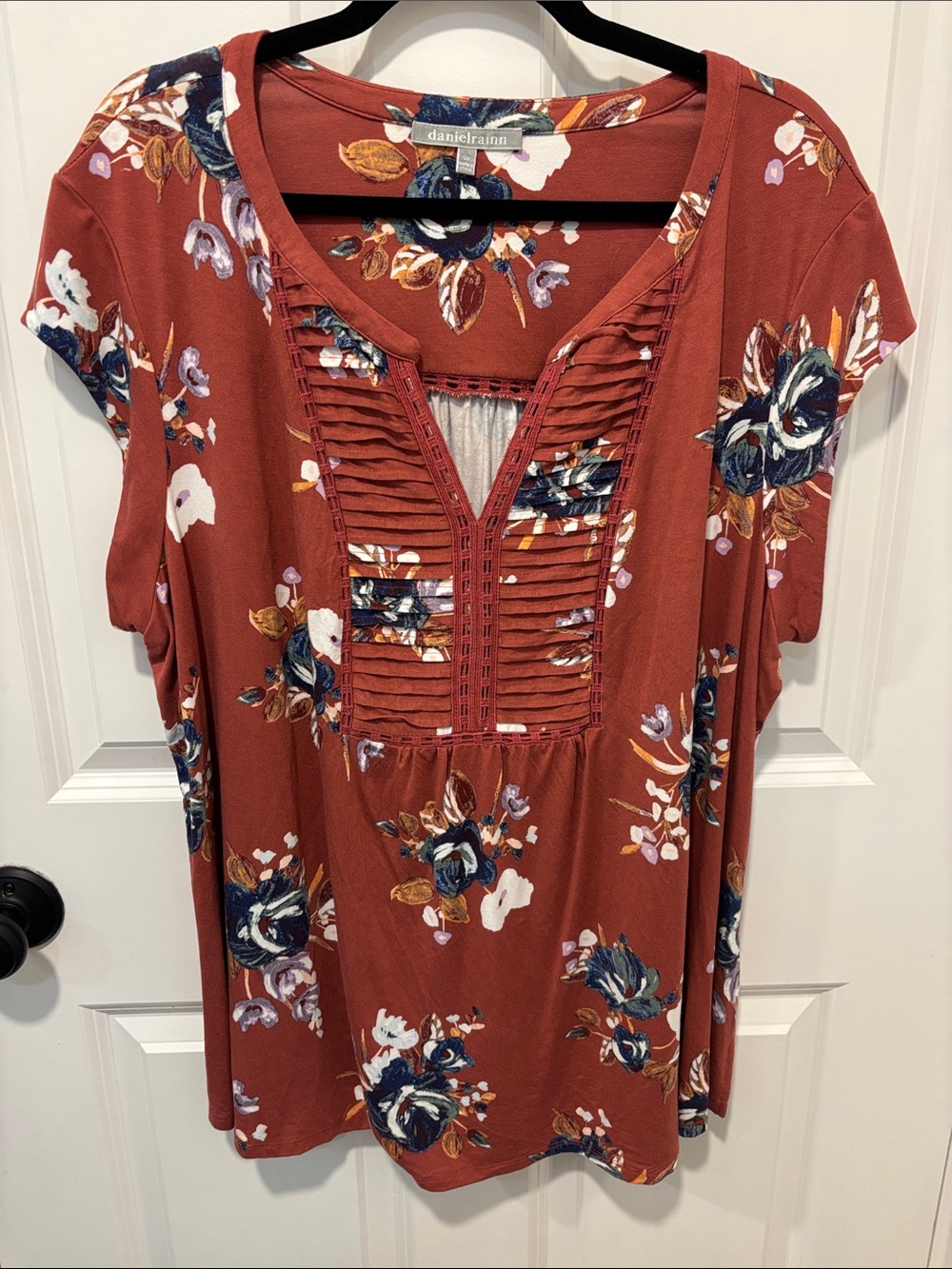 Daniel Rainn Floral Pleated V-Neck Blouse Rust Plus Size 3X